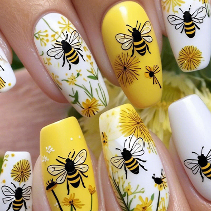 Buzzing Garden Delight Long Almond Yellow and White Floral Bee Press-On Nail Set