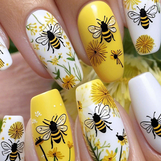 Buzzing Garden Delight Long Almond Yellow and White Floral Bee Press-On Nail Set