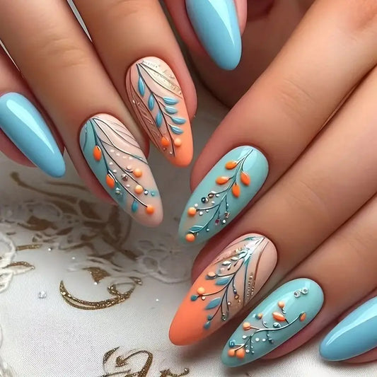 Whimsical Garden Inspired Long Almond Shaped Blue and Peach Press On Nail Set with Floral Accents