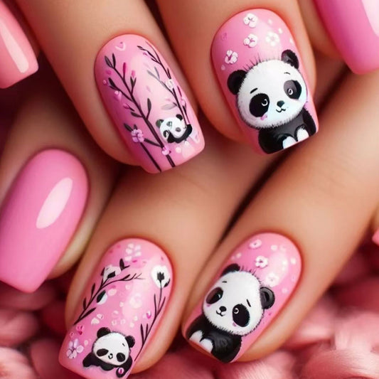 Whimsical Panda Adventure Pink Medium Square Press On Nail Set with Charming Floral Designs