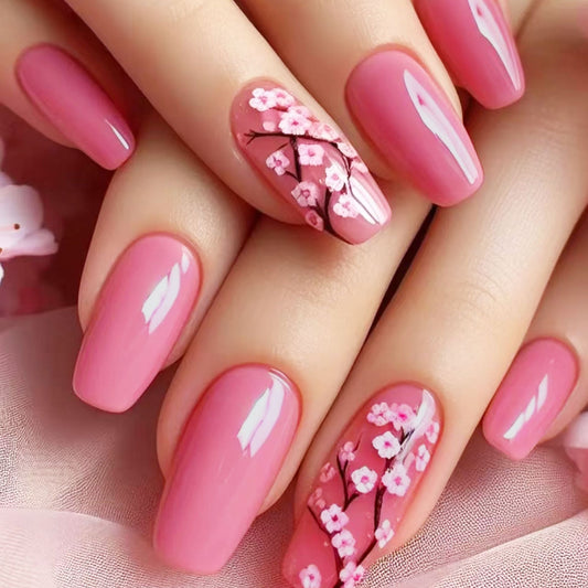 Blossom Elegance Medium Square Pink Floral Press-On Nail Set