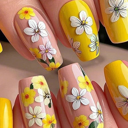 Blooming Garden Medium Coffin Yellow and Pink Floral Press On Nail Set with Elegant Botanical Designs