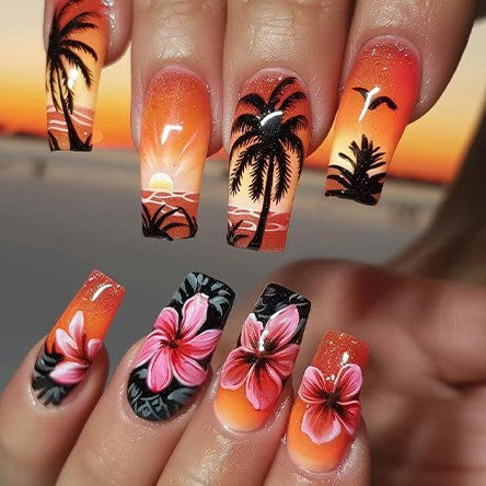 Tropical Sunset Vibes Long Square Orange Gradient Press On Nail Set with Floral Art Design