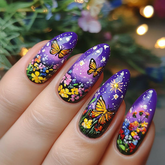 Whimsical Garden Medium Almond Purple Floral Nail Set with Butterfly Design