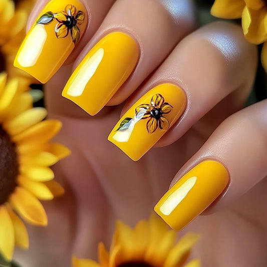 Sunflower Dream Medium Square Glossy Yellow Press On Nail Set with Hand-Painted Floral Accents