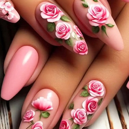 Blooming Garden Long Almond Pink Floral Press-On Nail Set with Stunning Artistry