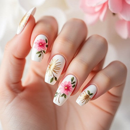 Floral Elegance Long Coffin White Floral Design Press On Nail Set with Stunning Embellishments