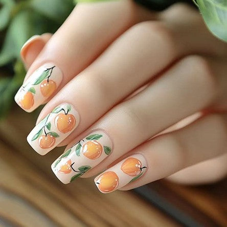 Citrus Grove Inspired Medium Square Peach Orange Press On Nail Set with Floral Detailing