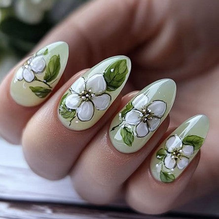 Enchanted Garden Medium Almond Green Floral Press On Nail Set with Elegant Hand-Painted Designs