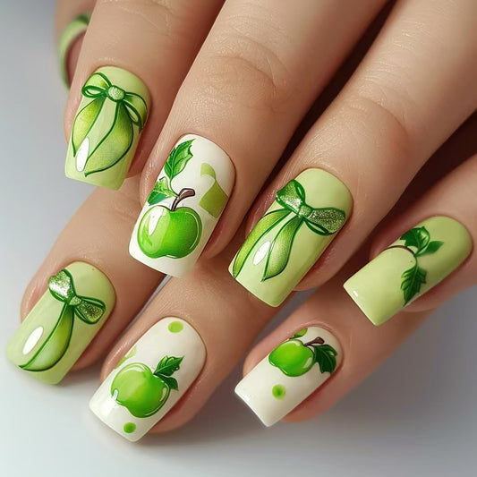 Fresh Orchard Green Medium Square Press-On Nail Set with Glossy Apple Motif and Charming Ribbon Design
