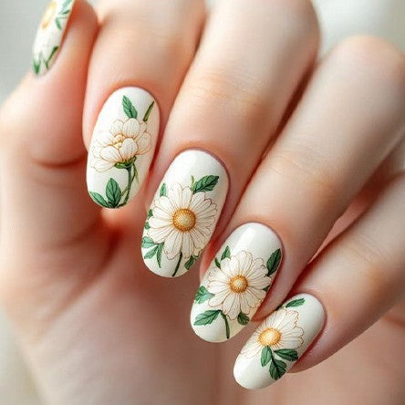 Blooming Garden Medium Oval White with Floral Designs Press-On Nail Set