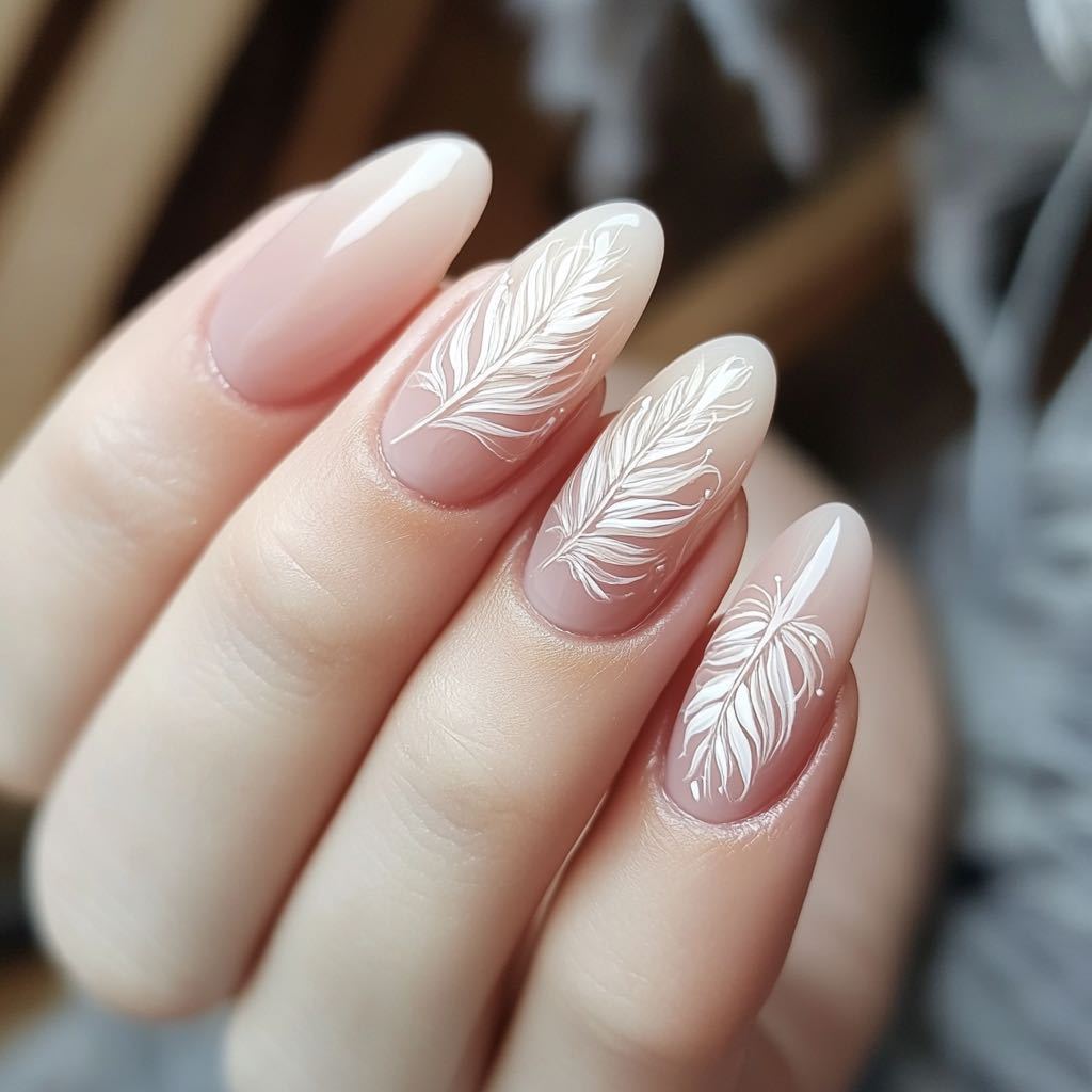 Elegant Bohemian Medium Almond Shape Ombre White and Soft Pink with Delicate Feather Design Press On Nail Set