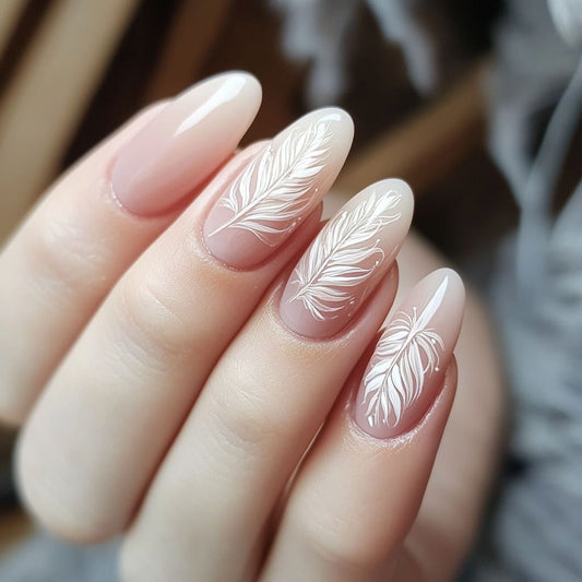 Elegant Bohemian Medium Almond Shape Ombre White and Soft Pink with Delicate Feather Design Press On Nail Set