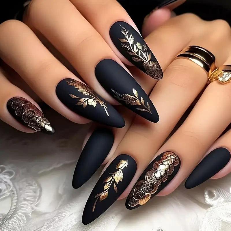 Gilded Garden Almond Long Black Matte Nail Set with Elegant Floral Design
