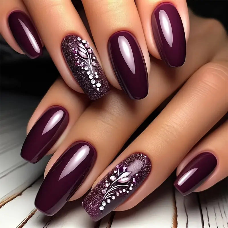 Mystical Elegance Long Coffin Burgundy Press On Nail Set with Stunning Floral Embellishments