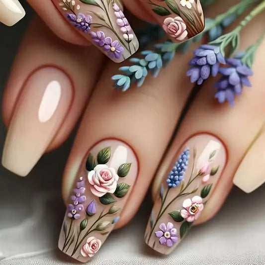 Floral Elegance Long Coffin Beige with Hand-Painted Botanical Designs Press On Nail Set