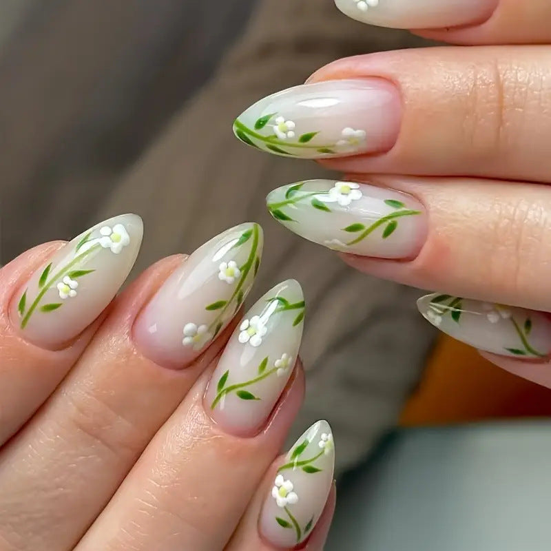 Enchanting Garden Medium Almond Shape Green and White Floral Press On Nail Set