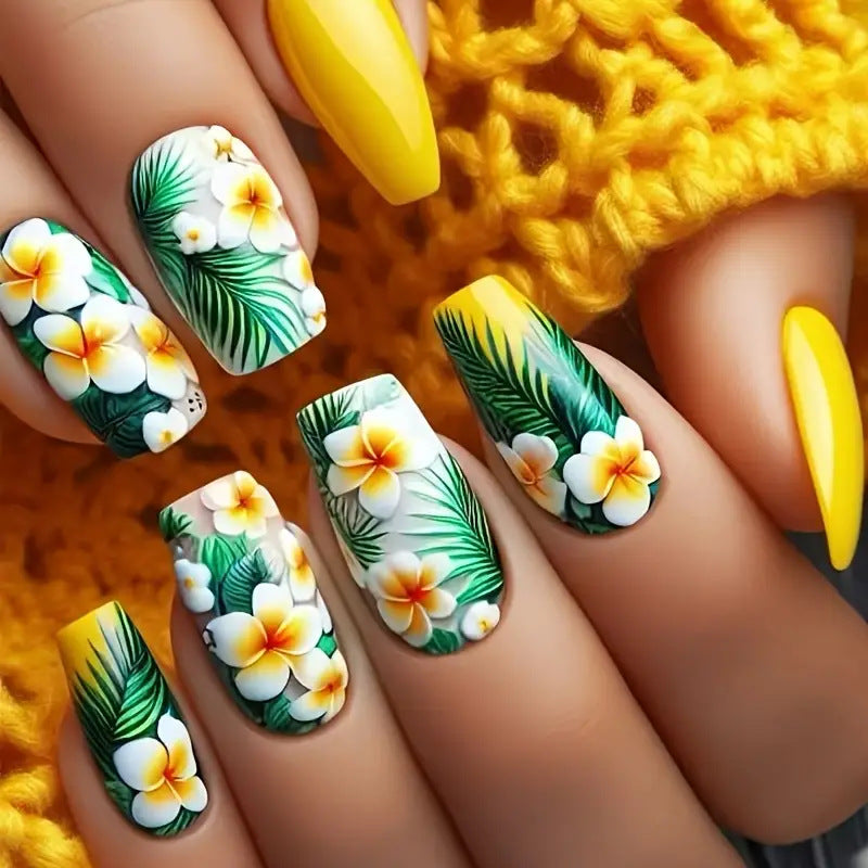 Tropical Paradise Long Coffin Yellow Floral Press On Nail Set with Glossy Finish