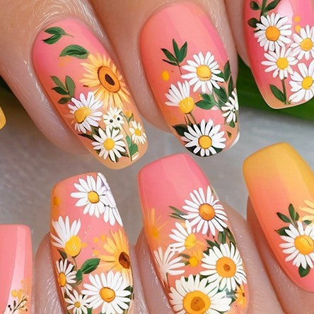 Blooming Garden Sunset Medium Coffin Pastel Pink Floral Nail Set