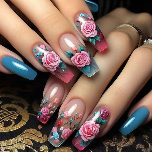 Floral Fantasia Long Coffin Gradient Pink and Blue Nail Set with Stunning Rose Art