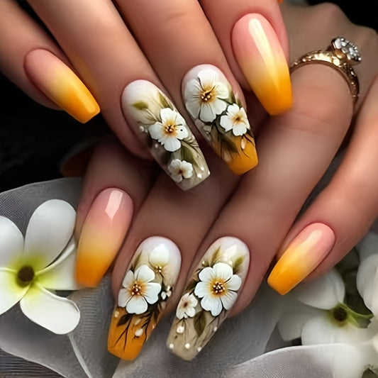 Bohemian Sunrise Long Coffin Ombre Yellow and Beige Press-On Nail Set with Floral Designs