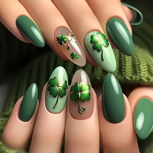 Luck of the Irish Glossy Green Medium Almond Shaped Press-On Nail Set with Charming Four Leaf Clover Designs