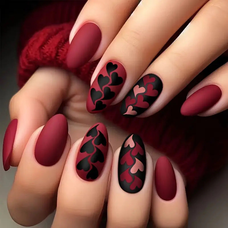 Romantic Evening Glamour Medium Almond Red and Black Heart Design Matte Press on Nail Set