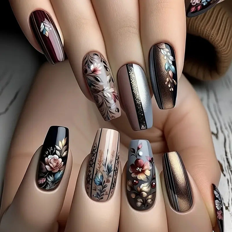 Elegant Floral Fantasy Long Coffin Shaped Dark and Light Multi-Colored With Intricate Botanical Designs Press On Nail Set