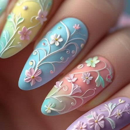 Whimsical Blossom Dream Medium Almond Ombre Floral Design Nail Set