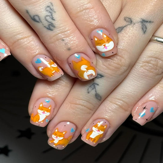 Charming Whiskers Press-On Nail Set Short Square Orange with Adorable Cat Illustrations and Heart Accents