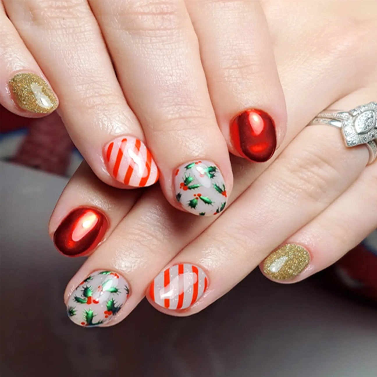 Holiday Elegance Short Almond Red and Gold Press-On Nail Set with Festive Holly Design