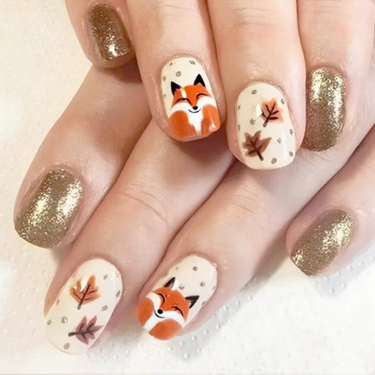 Autumn Charm Short Square Orange and Beige Fox Design Press on Nail Set with Glitter Accents