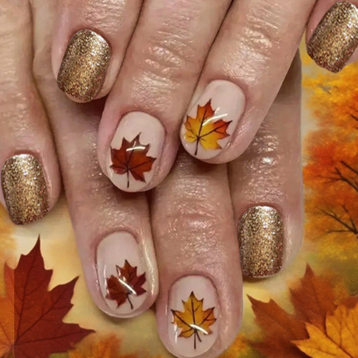 Autumn Elegance Short Squoval Golden Metallic Press On Nail Set with Leaf Art Design