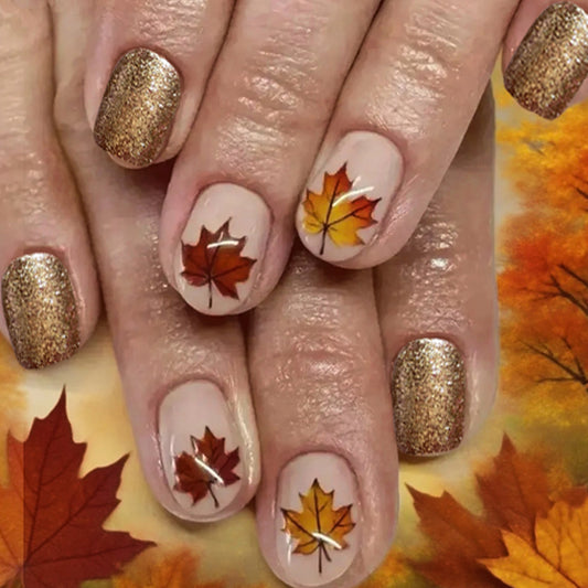 Autumn Elegance Short Squoval Golden Metallic Press On Nail Set with Leaf Art Design