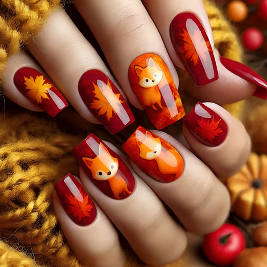 Autumn Enchantment Medium Square Burgundy Nails with Playful Fox and Leaf Designs