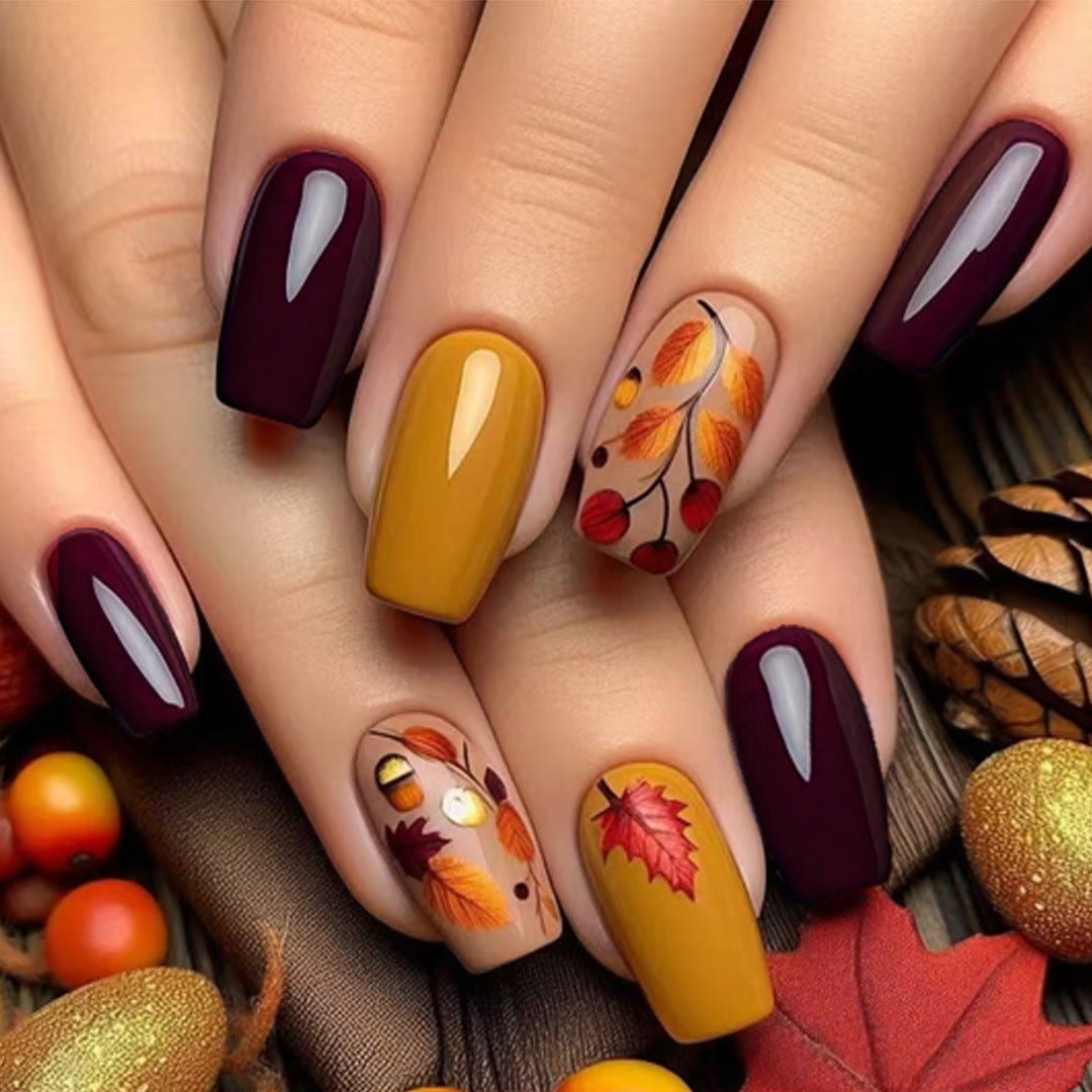 Autumn Vibes Elegant Medium Square Burgundy and Mustard Press on Nails with Stunning Leaf Designs
