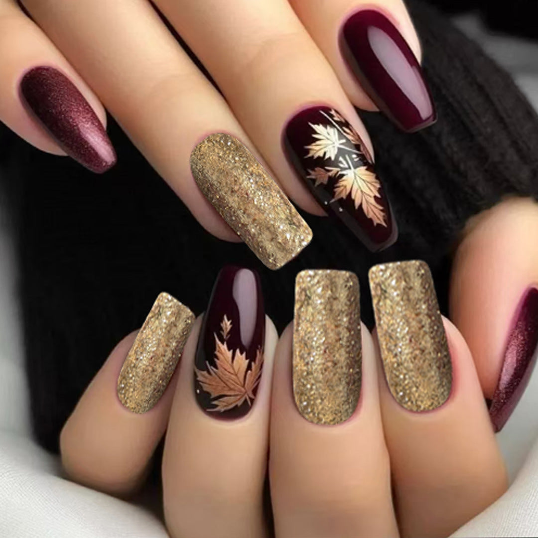 Autumn Elegance Long Square Burgundy and Gold Glitter Press-On Nail Set with Leaf Design