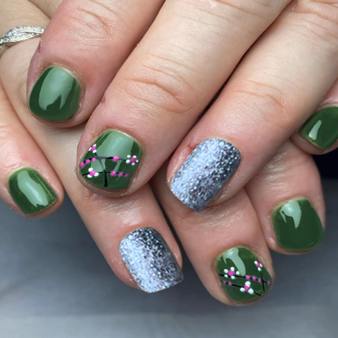 Enchanting Nature Inspired Short Square Green and Gray Glitter Press-On Nail Set with Floral Accents