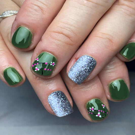 Enchanting Nature Inspired Short Square Green and Gray Glitter Press-On Nail Set with Floral Accents