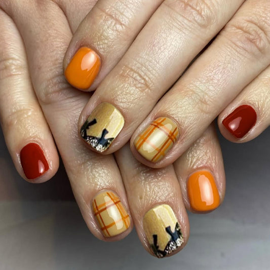 Autumn Vibes Square Short Orange Yellow and Red Nail Set with Unique Plaid Design