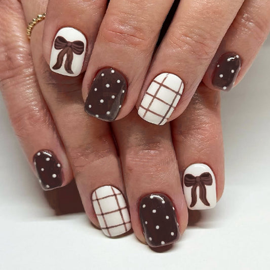Chocolate Delight Short Square Brown and White Press On Nail Set with Bow Design