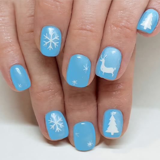 Winter Wonderland Press On Nail Set Short Square Light Blue with Festive Snowflake and Reindeer Designs