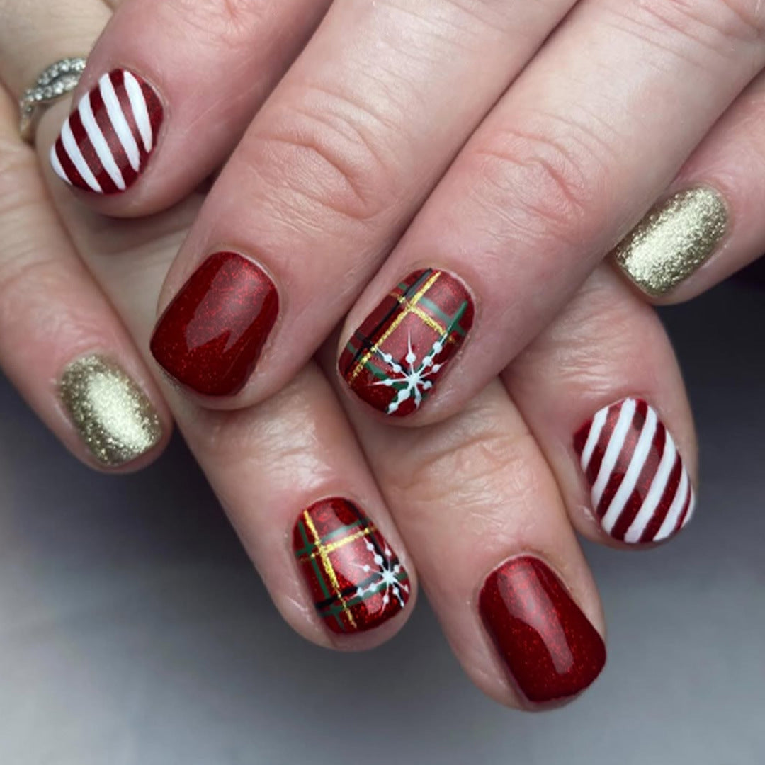 Festive Glamour Short Square Red and Gold Press-On Nail Set with Unique Holiday Designs