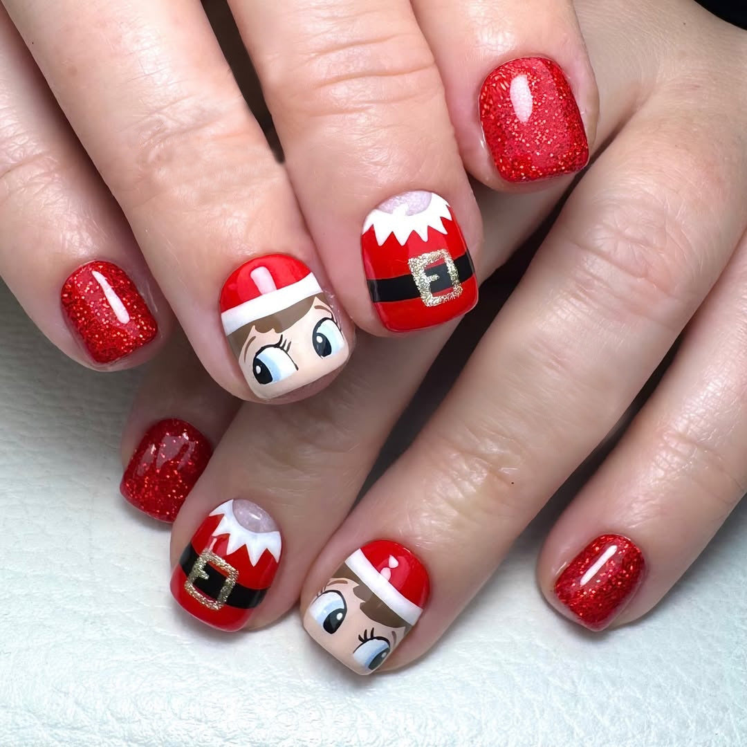 Festive Cheer Square Short Red Sparkly Design with Elf Character Details Press on Nail Set