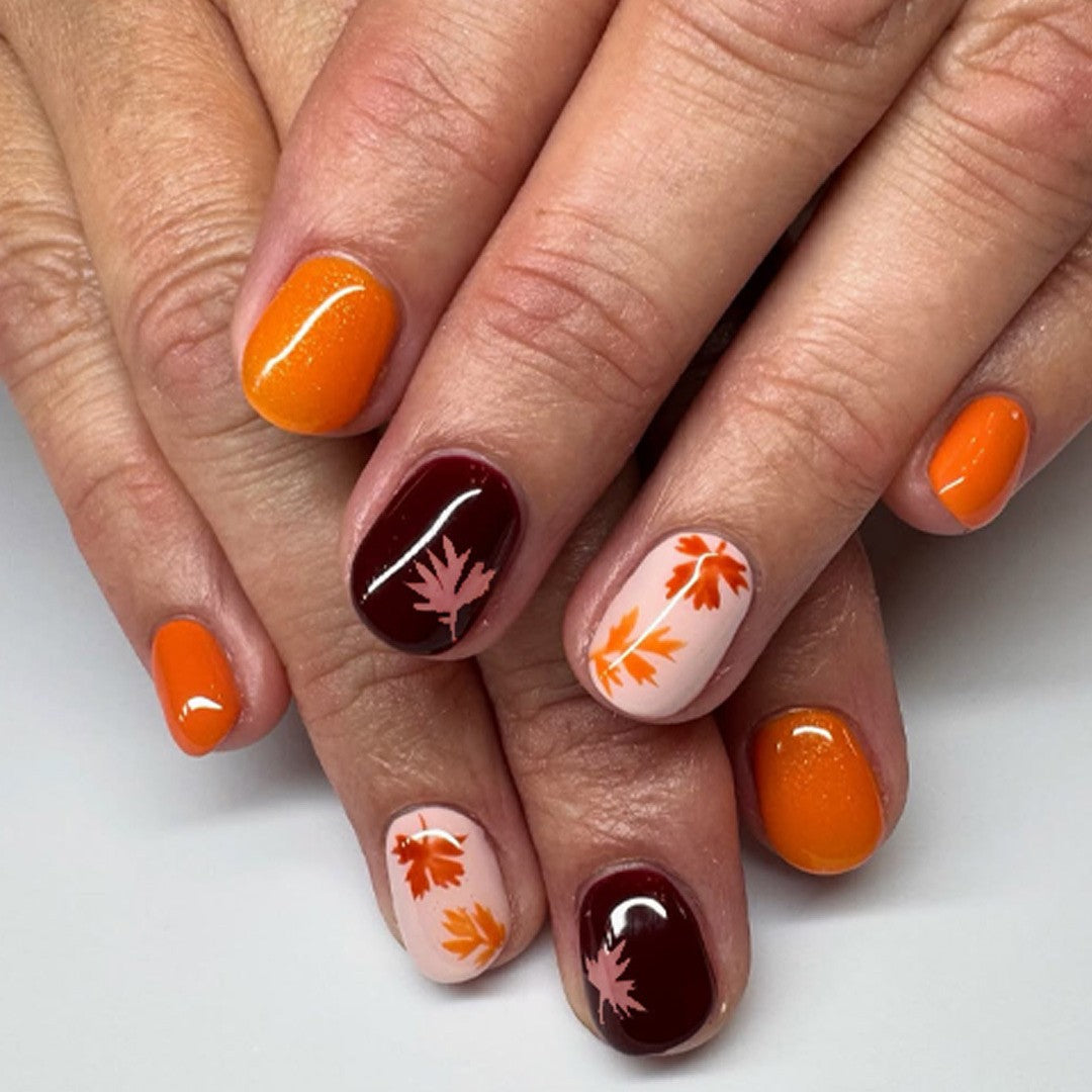 Autumn Bliss Short Squoval Bright Orange and Deep Burgundy Press on Nail Set with Leaf Design