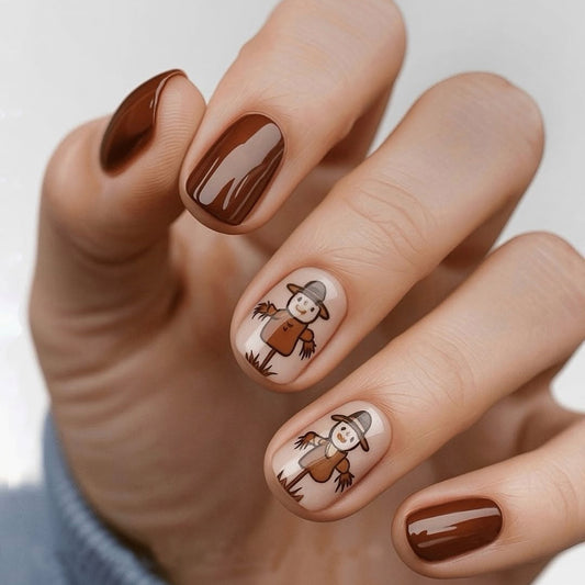Autumn Harvest Glossy Short Square Brown Press On Nail Set with Whimsical Scarecrow Design