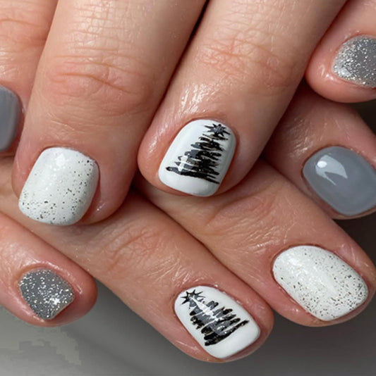 Festive Winter Wonderland Square Short White and Gray Press On Nail Set with Glittery Finish and Charming Tree Design