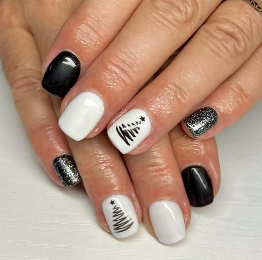 Festive Charm Short Square Length Black and White Color Sparkly Tree Design Nail Set