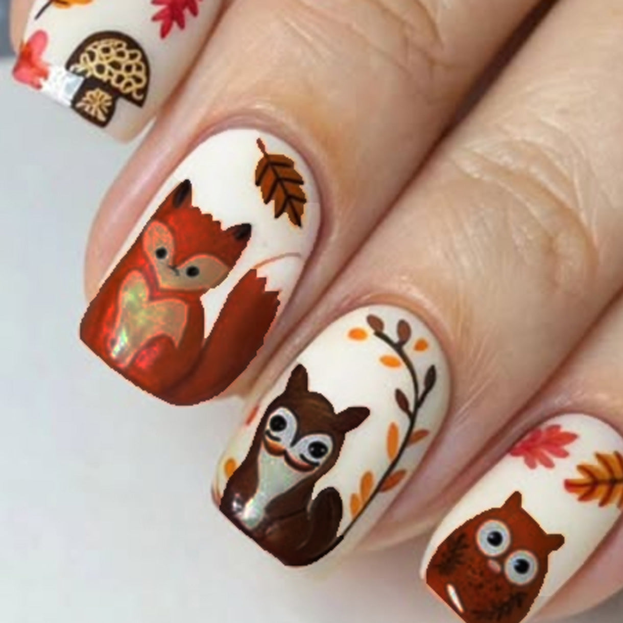 Autumn Whimsy Short Square Orange and Cream Press on Nail Set with Charming Forest Creatures Design