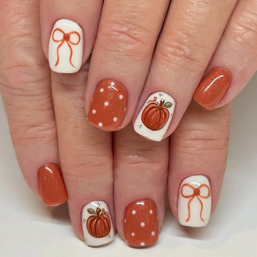 Autumn Harvest Short Square Orange Pumpkin Themed Press On Nail Set